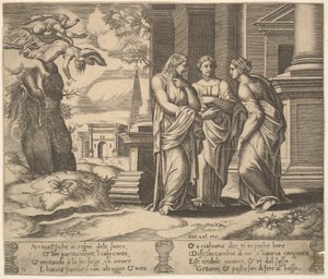 Tafel 15: Psyche erzählt ihren Schwestern von ihrem Unglück, aus Die Fabel von Psyche von Master of the Die