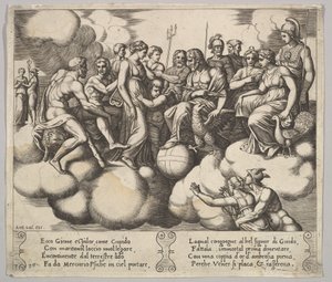 Tafel 30: Venus und Amor plädieren in Anwesenheit von Jupiter und anderen Göttern..., 1530-60 von Master of the Die