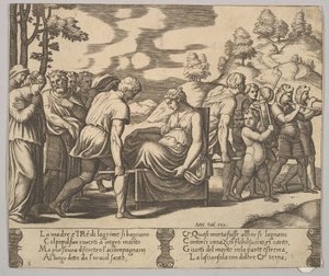 Tafel 5: Psyche wird auf einer Sänfte zu einem Berg getragen, aus 