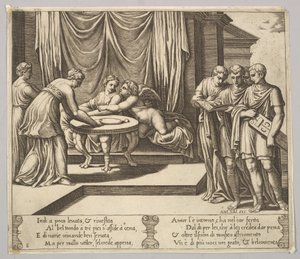 Tafel 8: Psyche sitzt an einem Tisch und wird von unsichtbaren Dienern bedient, Eros neben der g..., 1530-60 von Master of the Die