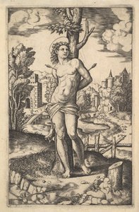 Heiliger Sebastian an einen Baum gebunden und von Pfeilen durchbohrt von Master of the Die