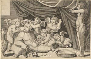 Speculum Romanae Magnificentiae: Bacchus umgeben von Putti mit Priapus haltend..., 16. Jahrhundert