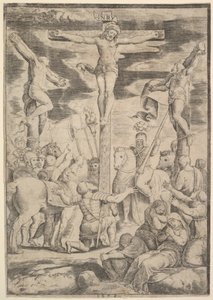 Die Bekehrung des Zenturios, der seine Arme vor Christus am Kreuz ausbreitet, 1532 von Master of the Die