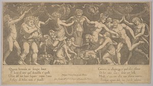Das Opfer an Priapus, der in Form einer Statue in der Mitte steht, Bacchus und ein Sa..., 1530-60