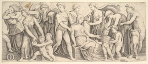 Die Hochzeit von Jason und Kreusa, links nimmt Medea ihre Kinder, 1530-60