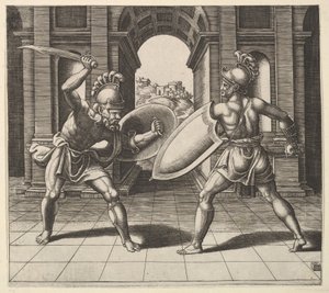 Zwei Gladiatoren kämpfen vor einem Bogen, 1530-60 von Master of the Die