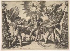 Zwei Putti präsentieren einem Putto in der Gestalt des Gottes des Reichtums goldgefüllte Becher