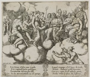 Venus und Amor plädieren in Anwesenheit von Jupiter und anderen Göttern