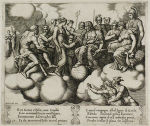 Venus und Amor plädieren vor Jupiter und anderen Göttern