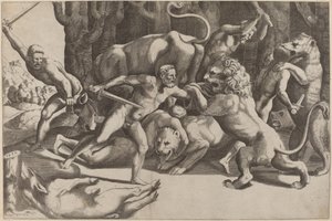 Fünf Männer kämpfen gegen Bestien von Master of the Die after Giulio Romano