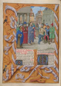 Temporale (1. Teil: vom Ersten Adventssonntag bis Karsamstag). Christus treibt einen stummen Teufel aus (Dritter Fastensonntag). Rand und zwei Textspalten, mit Initialen. von Master of the Dresden Prayer Books