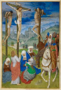 Die Kreuzigung. Stunden des Kreuzes. Christus am Kreuz zwischen den beiden Dieben, mit mehreren Figuren; drei zu Pferd. St. Johannes steht, und die Jungfrau und drei Marien sitzen am Fuß des Kreuzes. Ein Blick auf Jerusalem im Hintergrund. von Master of the Dresden Prayer Books