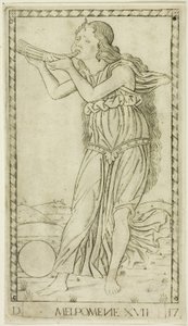 Melpomene, Platte siebzehn aus Apollo und die Musen von Master of the E Series Tarocchi