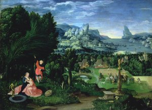 Die Rast auf der Flucht nach Ägypten, Landschaft gemalt von Joachim Patinir von Master of the Female Half Lengths