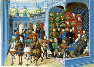 König Karl VI. von Frankreich empfängt die englischen Gesandten. Aus den Chroniken von Jean Froissart, vor