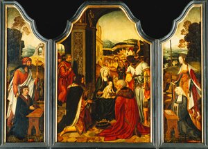 Triptychon: Anbetung der Könige, mit dem heiligen Jakobus, der den Stifter präsentiert, und der heiligen Katharina von Alexandria, die die Frau und zwei Töchter des Stifters präsentiert von Master of the Holy Blood