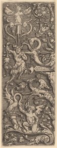 Ornament mit einem Amor, einem Satyr und grotesken Figuren von Master of the Horse Heads