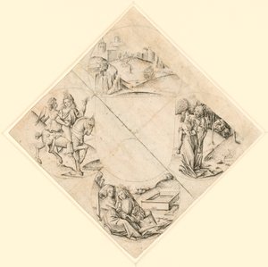Entwurf für ein Vierpass mit einer Burg, zwei Liebenden, einer von einem Narren verführten Jungfrau, einem Paar an einem Trog und einem Ritter mit seiner Geliebten auf einem Pferd von Master of the Housebook