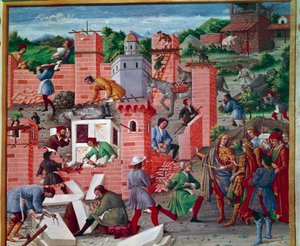 Der Bau der Stadt Rom. Zwillinge Romulus und Remus besuchen die Baustelle (Inspektion der Arbeiten und Fortschritte). Die Arbeiter sind bei der Arbeit: Maurer, Steinmetze, Träger, Marmor- und Zementarbeiter (Zementvorbereitung). Miniatur in „Romuleon“.