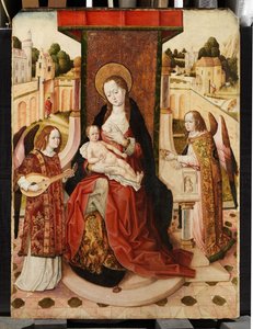 Triptychon der Jungfrau und des Kindes mit zwei Engeln, Detail der Madonna und des Kindes vom zentralen Flügel, ca. 1500