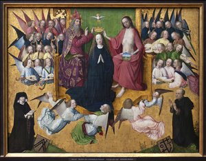 Die Krönung Mariens. Darstellung der Heiligen Dreifaltigkeit: Gott, Jesus Christus und die Taube des Heiligen Geistes.