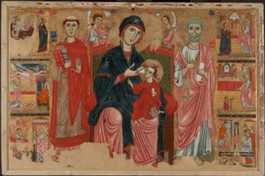 Jungfrau und Kind auf dem Thron mit den Heiligen Leonard und Peter und Szenen aus dem Leben des Heiligen Peter von Master of the Magdalen