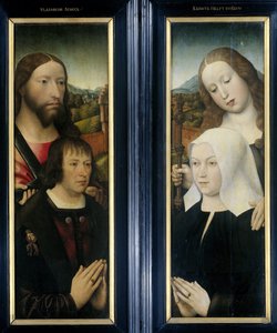 Zwei Flügel eines Triptychons mit dem Stifter Thomas Isaacq, begleitet von St. Thomas (links, Außenflügel), und der Frau des Stifters, begleitet von St. Margareta (rechts, Außenflügel) von Master of the Magdalen Legend