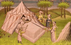 Der mongolische Führer Dschingis Khan auf seinem Sterbebett gibt seinen Söhnen seine letzten Empfehlungen, ca. 1410