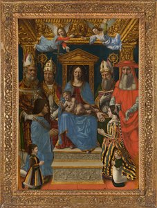 Thronende Madonna mit Kind, Kirchenlehrern und der Familie von Ludovico il Moro von Master of the Pala Sforzesca
