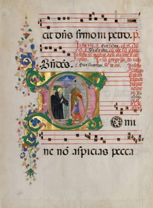 Manuskriptblatt mit dem heiligen Benedikt, der einen Jungen in einem Initial D wiederbelebt, aus einem Antiphonar