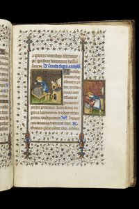 Ms 62 f.215r St. Eligius macht ein Heiligtum; St. Eligius an einem Amboss, aus einem Stundenbuch, ca. 1445-50