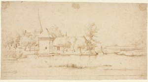 Landschaft mit einem Dorf mit Wassergraben