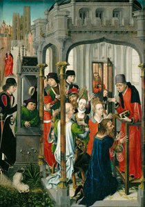 Die Predigt des Heiligen Gery, "die pastorale Predigt", mit der Kirche Saint Gudule im Hintergrund von Master of the View of Saint Gudula