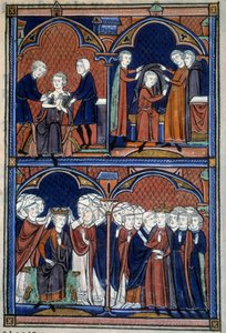 Ordnung der Weihe und Krönung der Könige von Frankreich: Der König mit der Tunika, dem Mantel und der Krone, auf die alle Peers ihre Hände legen; der Erzbischof umarmt ihn. Miniatur aus dem 