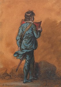 Ein Page in Blau mit einem roten Schild von Mather Brown
