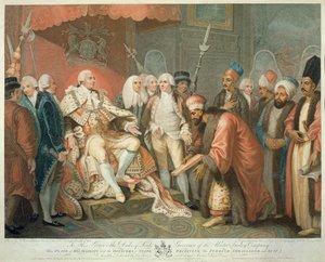 Seine Majestät und Staatsbeamte empfangen den türkischen Botschafter und Gefolge, graviert von Daniel Orme, veröffentlicht von Edward Orme, 1797 von Mather Brown