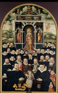 Allegorisches Panel, das die Jungfrau, Henri IV (1553-1610) und Höflinge, Stifter, seine Frau und Mitglieder ihrer Familie darstellt