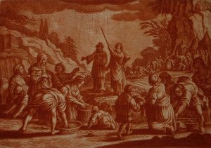 Die Israeliten sammeln Manna, Illustration aus einer Bibel (gestochen von Gabriel Bodeneer)
