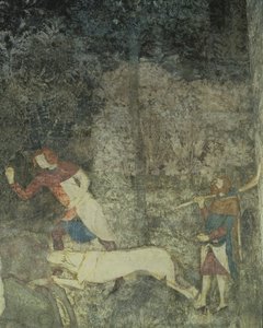 Männer jagen mit Hunden, Detail (Dekorationsschema aus La Chambre du Cerf) von Matteo Giovanetti