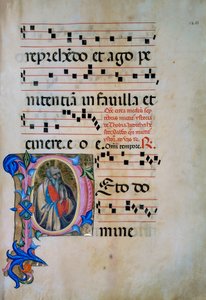 Illuminierte Initiale mit der Figur des Erzengels Michael, der die Dämonen besiegt (Corale 5, ca. 105v), für Chorbuch 5 von Santa Maria degli Angeli
