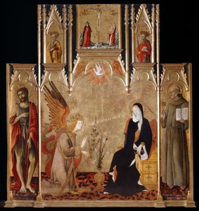 Verkündigung mit den Heiligen Johannes dem Täufer, Bernhardin von Siena; Kreuzigung, Heilige Petrus und Paulus von Matteo di Giovanni