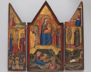 Madonna und Kind auf dem Thron mit Heiligen... und darunter die Geburt..., ca. 1380-90 von Matteo di Pacino