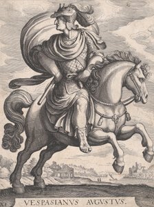 Kaiser Vespasian zu Pferd, aus der Serie Die ersten zwölf römischen Kaiser, Platte 1..., 1610-50
