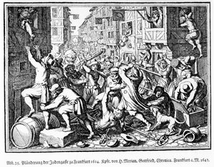 Plünderung des jüdischen Viertels während der Fettmilch-Unruhen in Frankfurt am 22. August von Matthaus the Elder (after) Merian