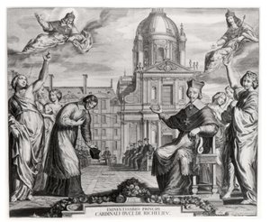 Robert de Sorbon (1201-94) und Kardinal Richelieu (1575-1642) vor der Sorbonne, graviert von Gregoire Huret (1606-70) 1639