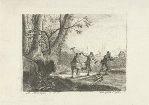 Landschaft mit drei tanzenden Bauern von Matthieu van Plattenberg