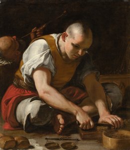 Ein Mann schneidet Tabak von Mattia (1613-99) Preti