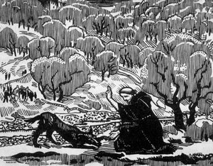 Bekehrung des Wolfes von Agubbio durch den heiligen Franziskus von Assisi, graviert von Jacques Beltrand nach einer Zeichnung von Maurice Denis