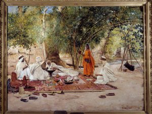 Orientalismus: Das Gastmahl der Gastfreundschaft. Szene aus dem arabischen Leben in der Oase Chelma bei Biskra, Algerien von Maurice Bompard