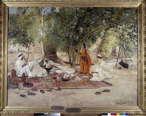 Das Gastmahl der Gastfreundschaft. Szene aus dem arabischen Leben in der Oase Chelma bei Biskra, Algerien. Gemälde von Maurice Bompard (1857-1936) 1891